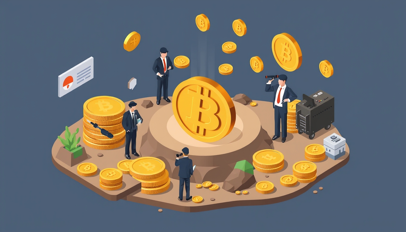 Isometric illustration showcasing business people, miners, and coins, highlighting Bitcoin.