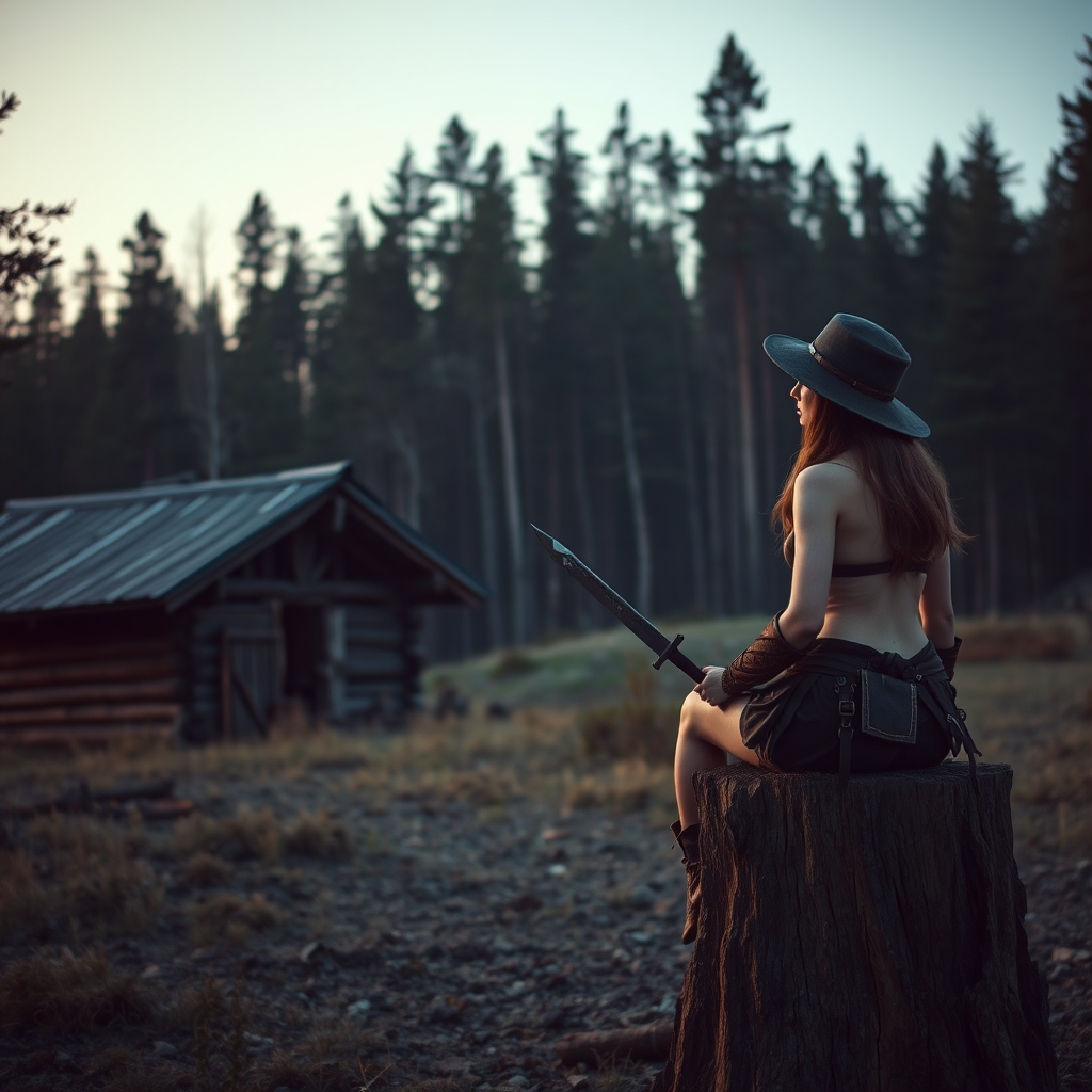 Real-life photography: In the evening, in the forest, there is a wooden cabin, and not far away, a female barbarian is sitting on a wooden stump, holding a dagger. In the distance, there is a dressed zombie wearing a hat, and she is watching the zombie. There are Chinese letters or Japanese letters.