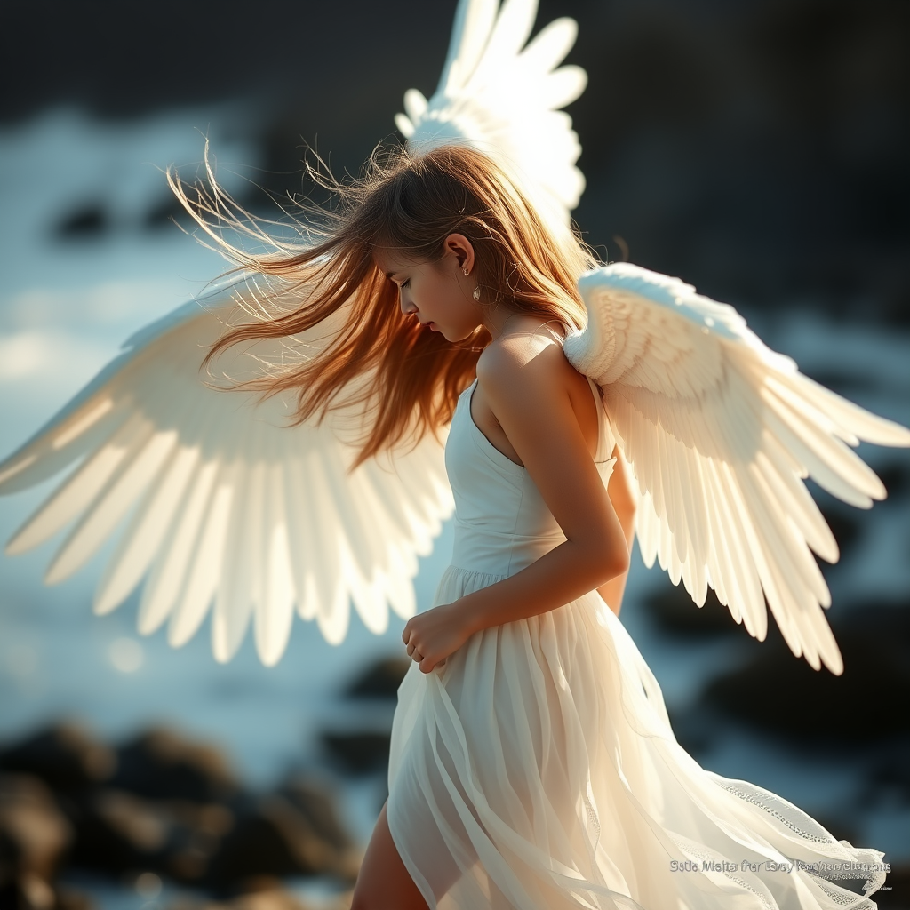 Girl angel, wind-blown long hair, large wings spread on her back, full body, side view, side lighting, background bokeh, super realistic, film look, Emerald Beach.