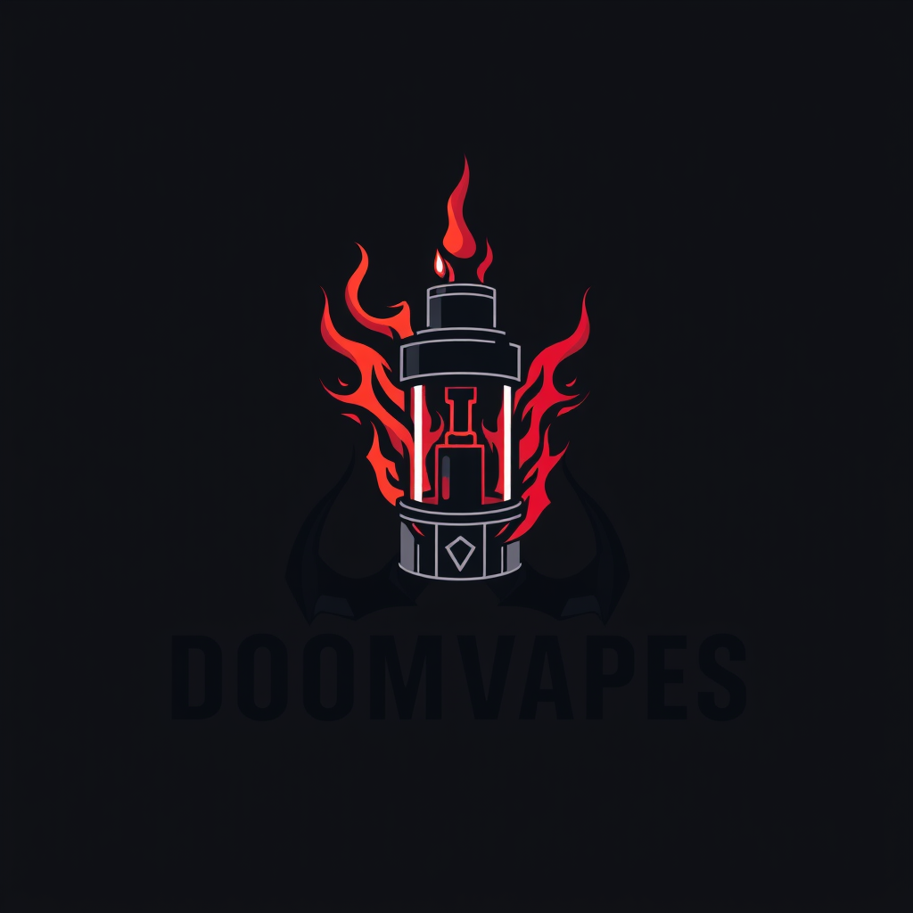 Sleek, logo design for DoomVapes featuring a stylized vape tank engulfed in ethereal, crimson flames. blend with modern simplicity. Geometric shapes evoke demonic symbolism. Bold, sans-serif typography in obsidian black. - Image