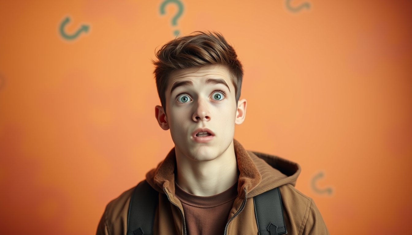 Photo portrait of a pretty young male looking shocked at empty space, wearing a trendy brown outfit, isolated against a colorful background, 8k UHD, highly detailed. - Image