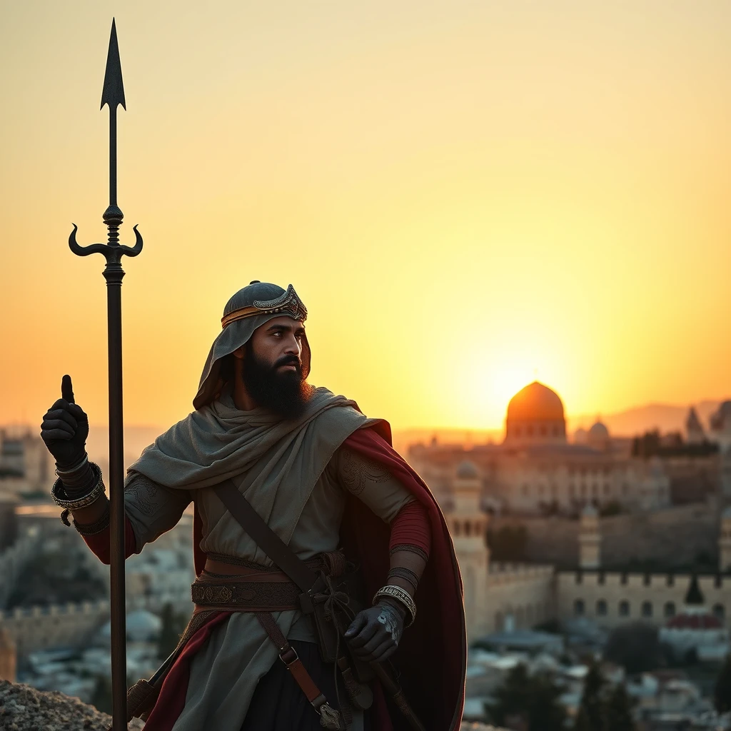 Create an image of a heroic Arab Muslim warrior, armed with traditional weaponry and wearing customary battle attire. The backdrop should feature the ancient skyline of Jerusalem, illuminated by a setting sun, symbolizing courage and valor as the warrior gazes determinedly towards the city.