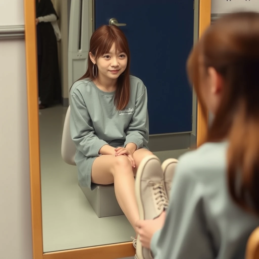 A female student is sitting, looking in the mirror, and she can see her shoes. - Image