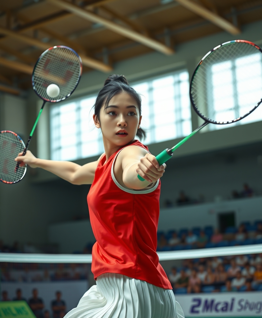 A detailed, realistic portrait of a young woman playing badminton in an indoor sports arena. The woman is wearing a bright red jersey and is mid-swing, her body in a dynamic, athletic pose as she focuses intently on the shuttlecock. The background is blurred, with glimpses of the court, net, and spectator stands visible. The lighting is natural and directional, creating shadows and highlights that accentuate the woman's features and muscular definition. The overall composition conveys a sense of energy, movement, and the intensity of the game. The image is highly detailed, with a photorealistic quality that captures the textures of the woman's clothing, skin, and the badminton equipment.

A woman with a beautiful face like a Japanese idol, she is wearing a white pleated skirt.

Badminton rackets and shuttlecocks with dynamic swings and motion blur. Depiction of the human body with a flawless personality. - Image