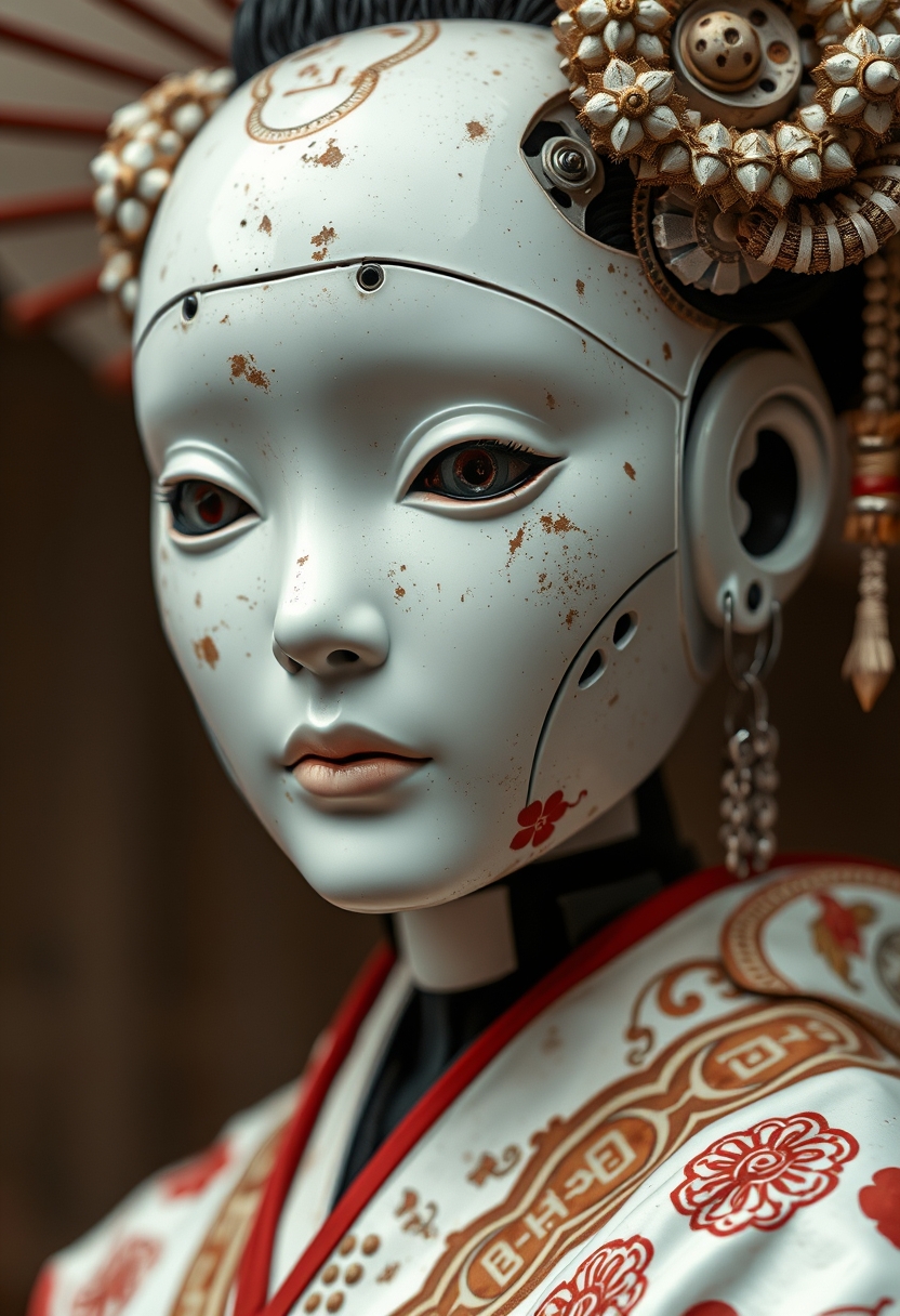 (geisha::0.9) (android robot face::2.2), white ceramic material, many mechanical details, seams, scuffing, rust, (camera lenses instead of pupils:1.5) (traditional intricate japan clothes:1.5) (style by Yuri Shwedoff), shallow depth of field, vignette, (Fujicolor Superia X-TRA 400) - Image