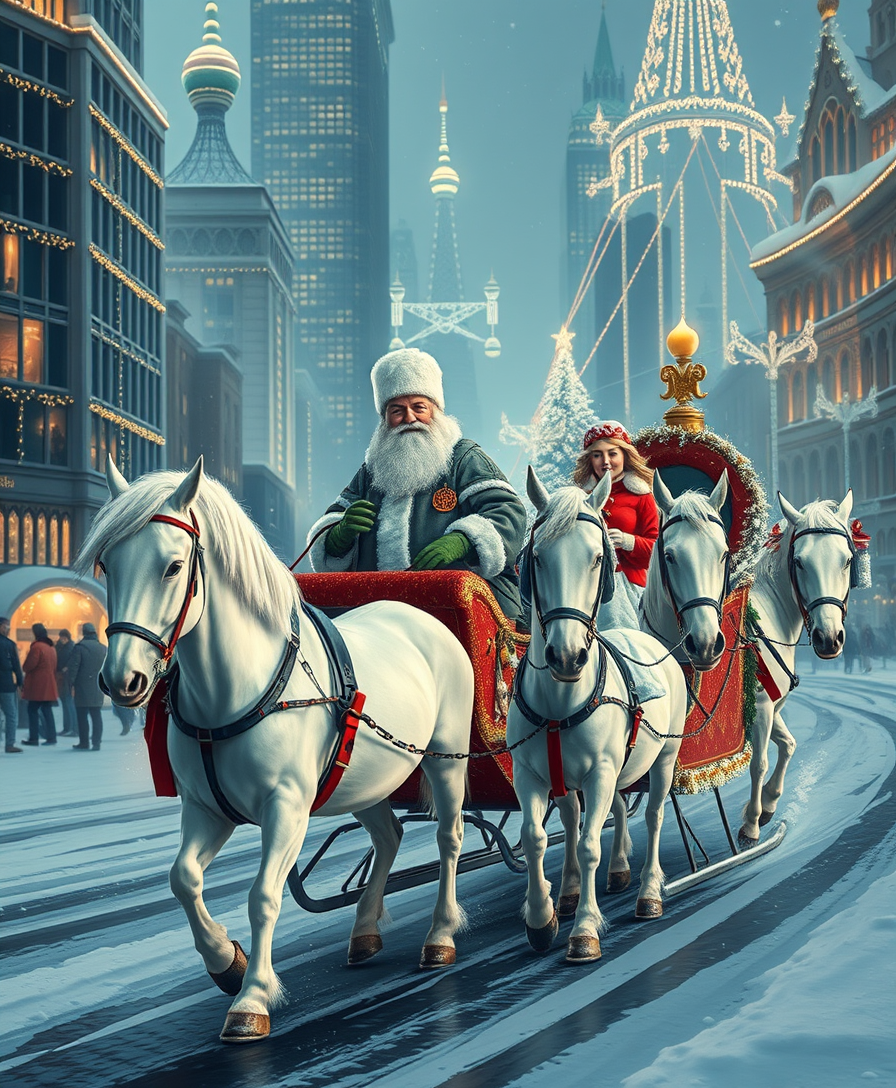 Russian Snow Grandfather rides in a festive sleigh with charming Snow Maiden, pulled by three white horses through a futuristic city decorated with Christmas lights. - Image