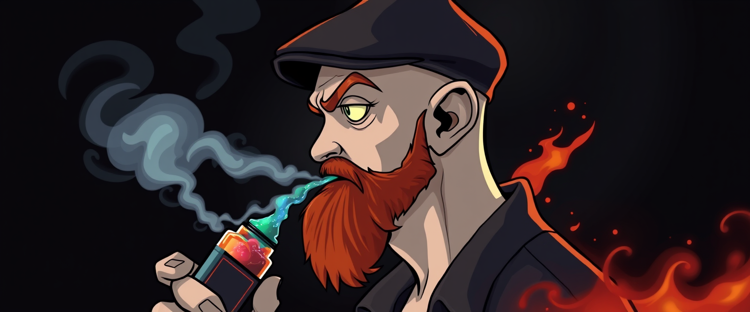 Three-quarter view cartoon demonized white human male, bald with short fiery ginger beard, wearing a vintage flat cap. He's exhaling vapor clouds from a sleek vape mod, dripping with vibrant e-liquids, featuring gothic elements and a smoky, mischievous atmosphere.