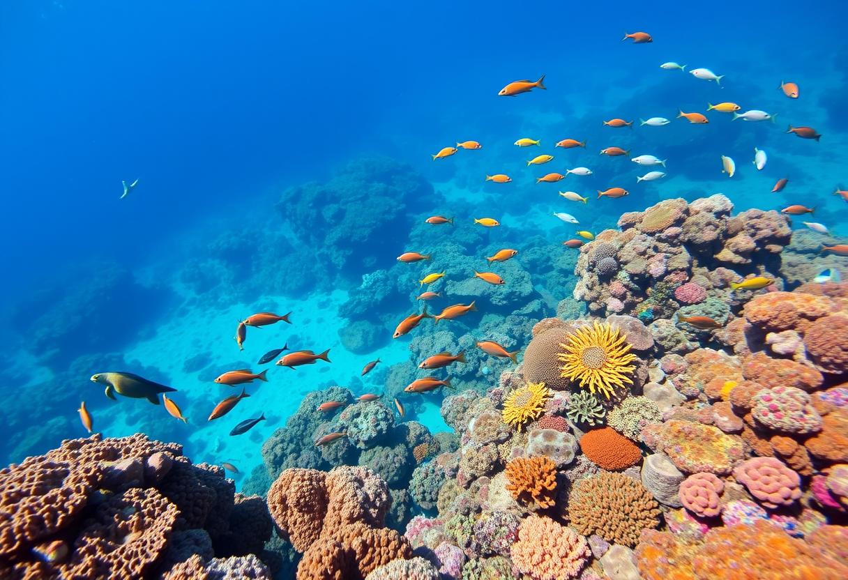 Vibrant, colorful coral reefs, underwater paradise, tropical fish, high quality, photorealistic, clear turquoise water, marine life, scuba diving, snorkeling, breathtaking, vibrant, exotic, diverse::0.5 sea turtles, manta rays, underwater caves, vibrant corals, shipwrecks, underwater photography, ocean conservation