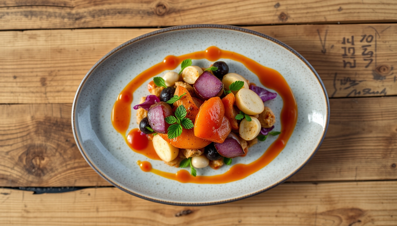 A top-down view of a beautifully arranged gourmet dish, with vibrant colors and textures, placed on a rustic wooden table, highlighting the artistry of food. - Image