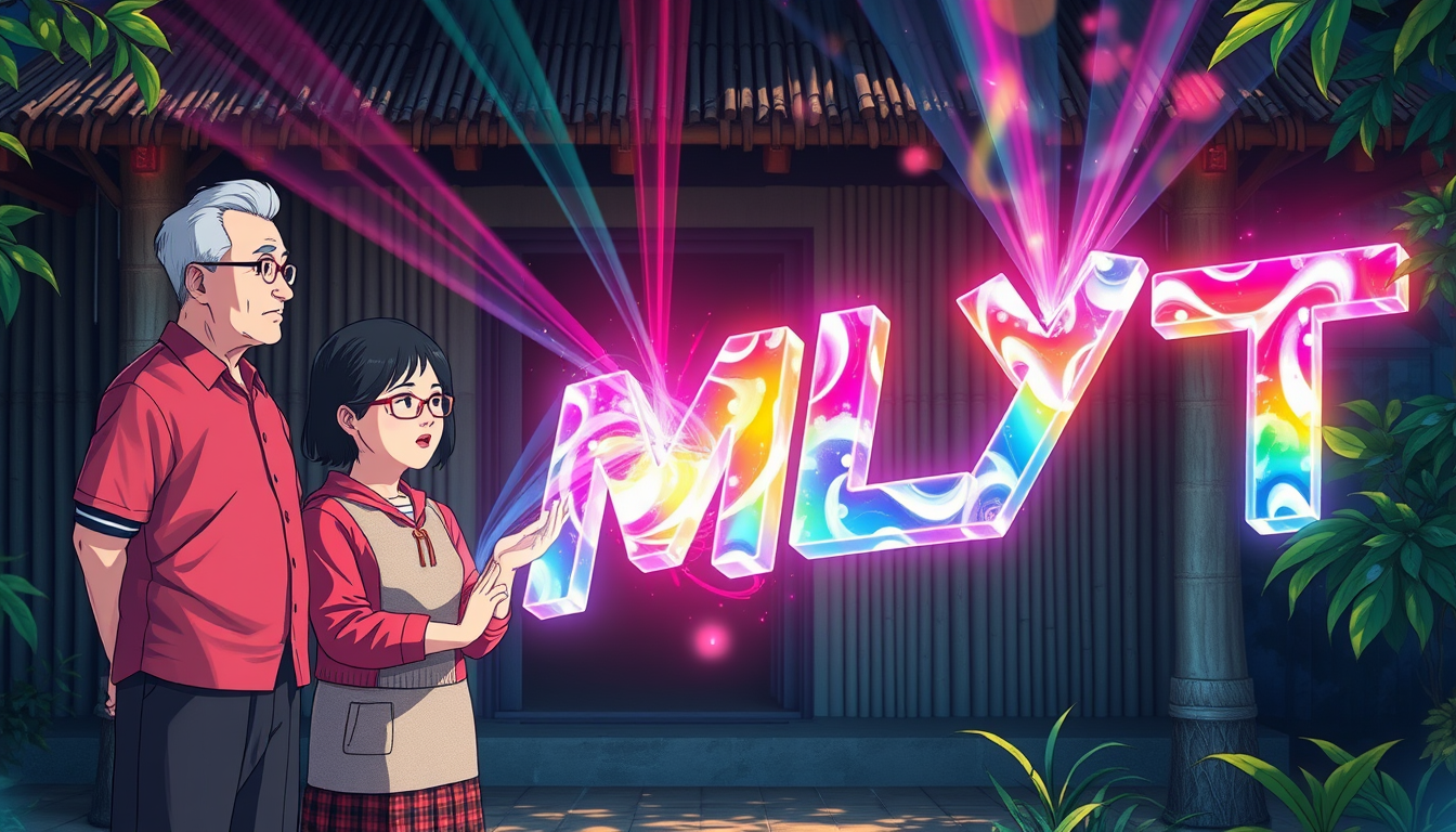 Anime style: Three generations of a Vietnamese family stand side by side in front of a simple bamboo hut, gazing at an unseen screen. Streams of colorful light emerge from their fingertips, intertwining to create a vibrant "SMLYT" in the air. The letters are rendered in a 3D watercolor effect, with each character seemingly composed of translucent layers of paint that blend and swirl together. Light appears to refract through the letters, casting rainbow-like reflections on the surrounding foliage and characters. - Image