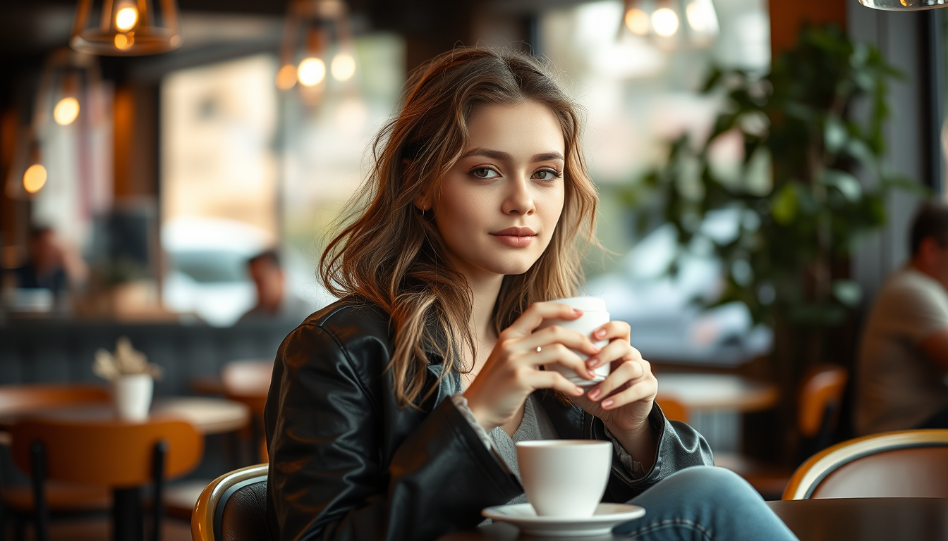 In summer, a 20-year-old fashion influencer is sitting at a chic cafe, wearing stylish clothes, enjoying a coffee, with a depth of field featuring a blurry background of the cafe interior, soft ambient light, in a candid shot.