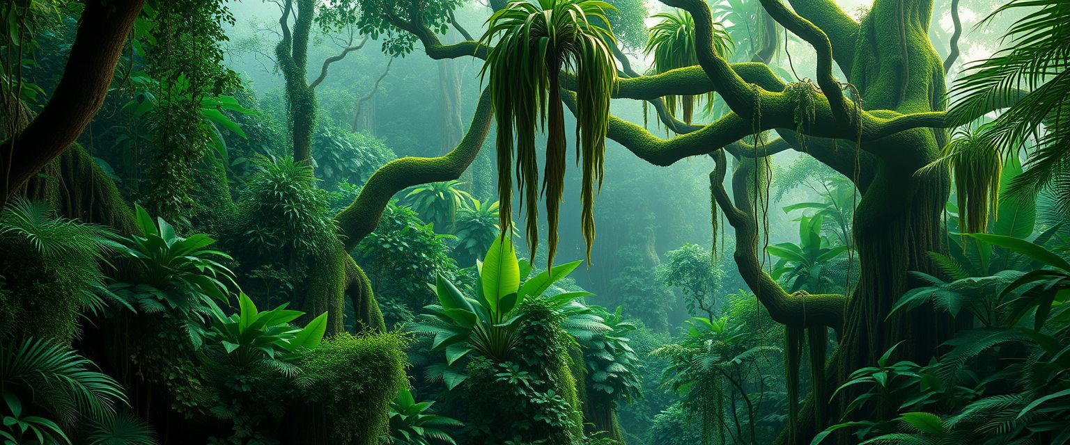 Lush, tropical rainforest, dense foliage, high quality, photorealistic, vibrant, breathtaking, misty, emerald green, ancient trees, hidden trails, tree frogs, vibrant orchids, hanging vines, moss-covered rocks, canopies, wildlife sanctuaries - Image