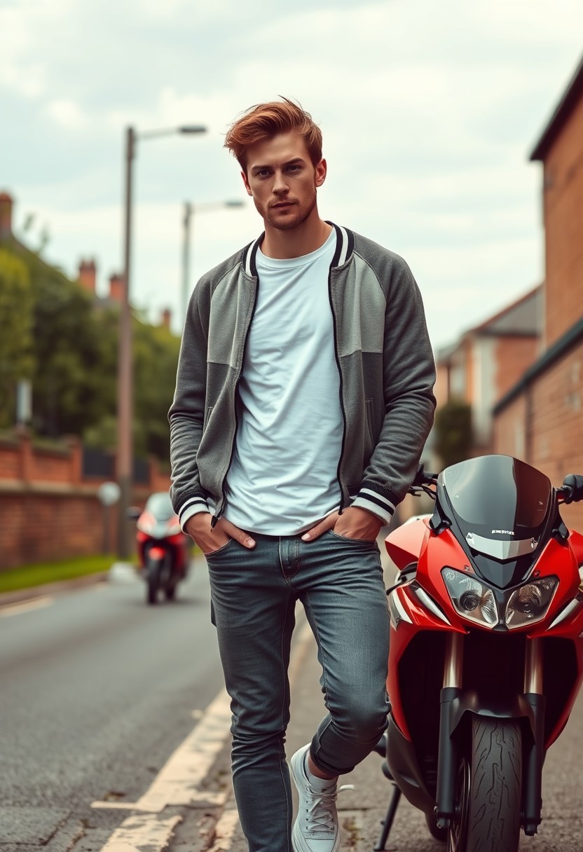 Jamie Dornan head and body shot, handsome, young, serious face, dark brown hair, white T-shirt, college jacket, skinny jeans, sneakers, standing in a hot style, near a town road, on a superbike, hyper-realistic, street photography, brick wall, full body photo.