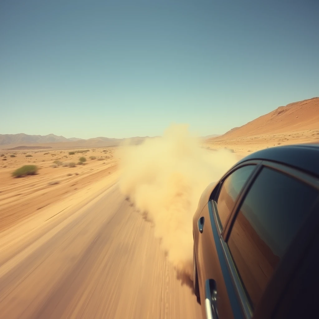 A car is speeding along a desert road, kicking up a lot of dust.