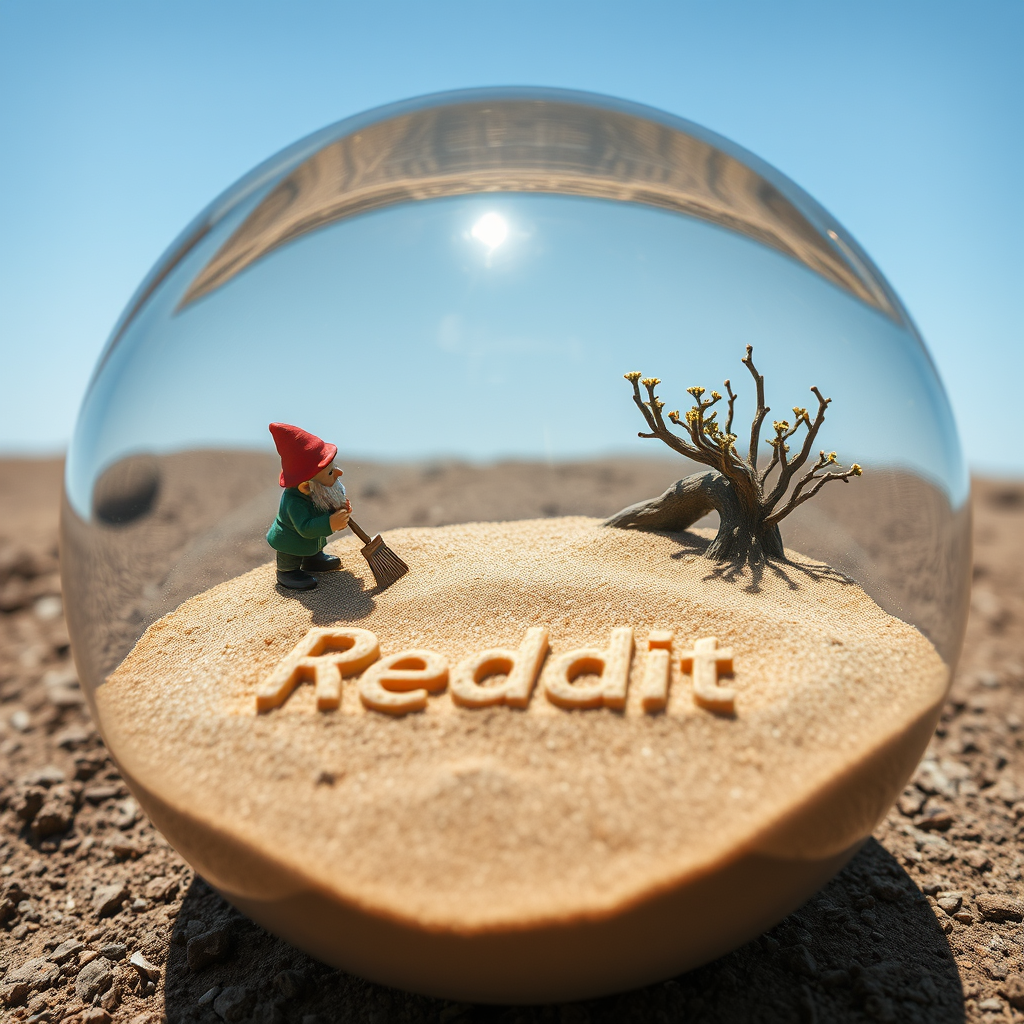 A close-up view of a glass sphere that has a zen garden within it. There is a small dwarf in the sphere who is raking the zen garden and creating a Reddit logo in the sand.