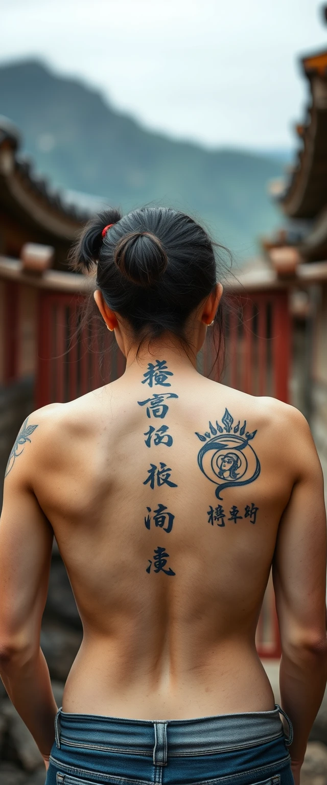 Tattooed back of muscular Korean Indian women with white skin.