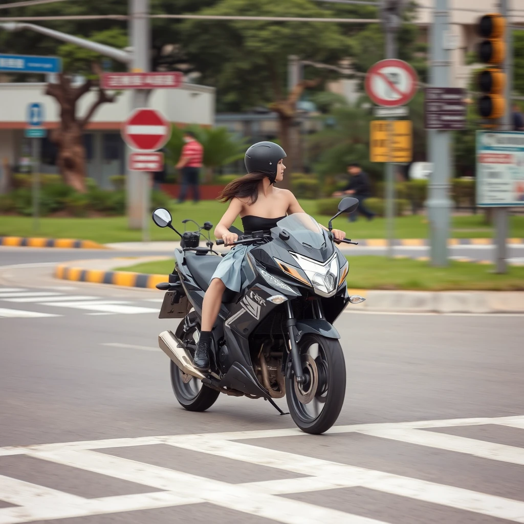 At the crossroads, there is a woman wearing a short skirt, riding a smart motorcycle at a high speed, with Chinese characters or Japanese. - Image