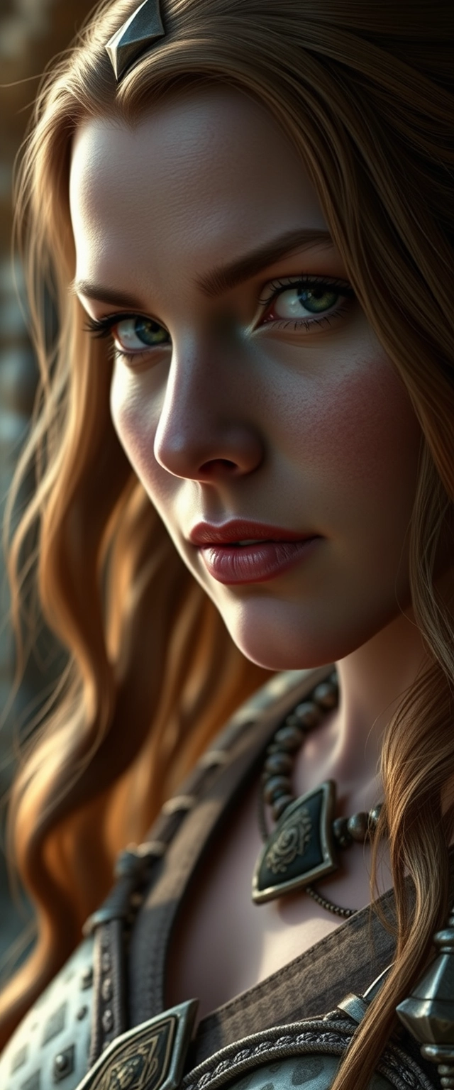 Evelyn from Baldur's Gate as a real woman close-up.