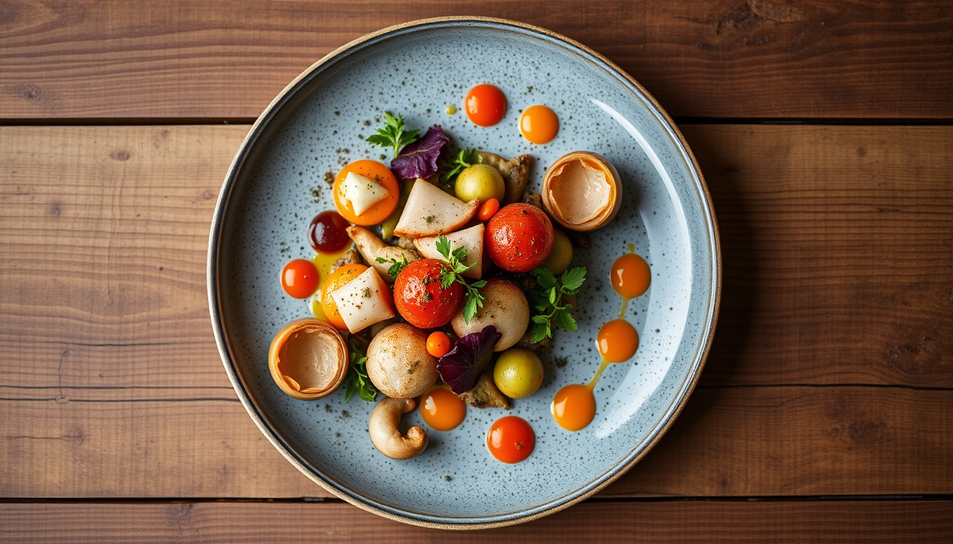 A top-down view of a beautifully arranged gourmet dish, with vibrant colors and textures, placed on a rustic wooden table, highlighting the artistry of food. - Image