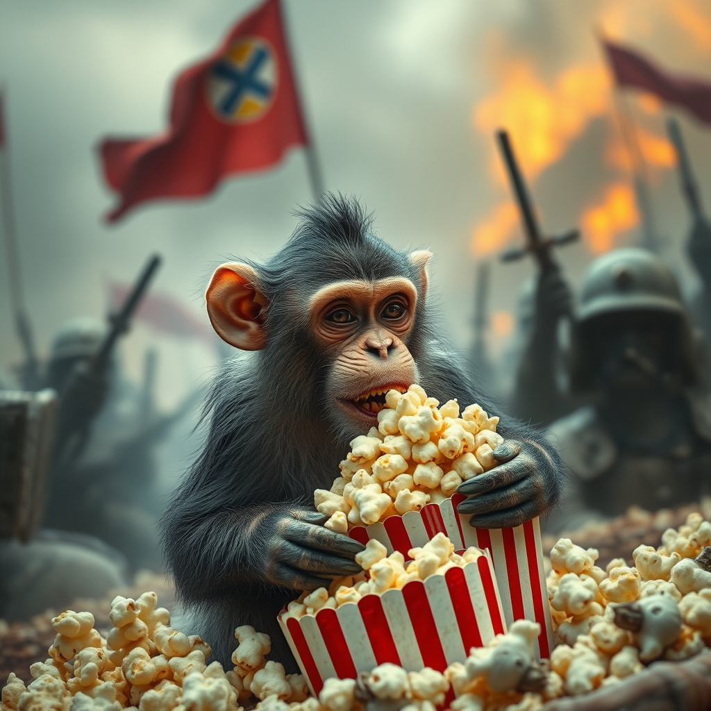 A monkey eating popcorn in the middle of a war.