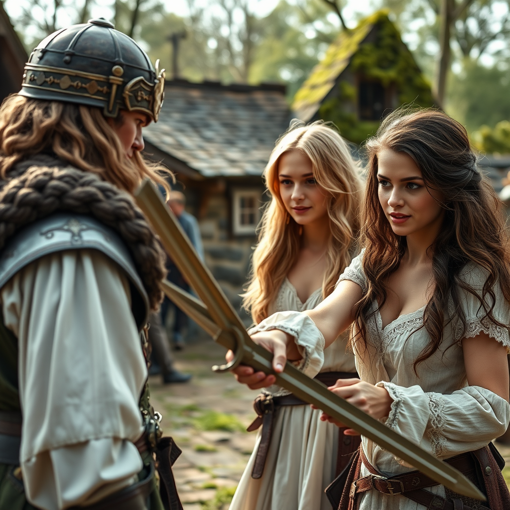 An epic fantasy scene outdoors featuring an old French noble count training two gorgeous and beautiful blonde and brunette French girls to fight. Friendly atmosphere. Cinematic view, sharp detail. - Image