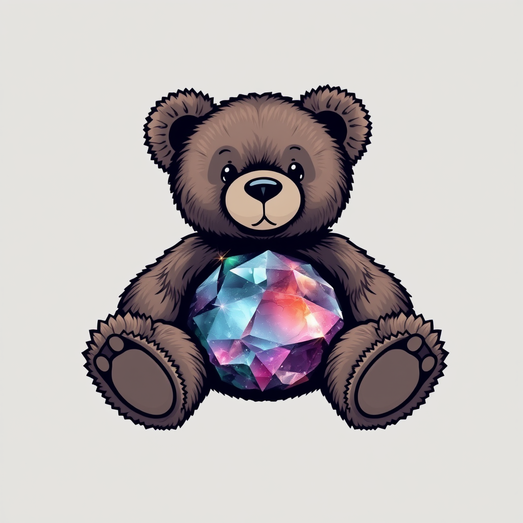 A tee shirt design of a teddy bear whose body is perfectly blended with a beautiful mineral.