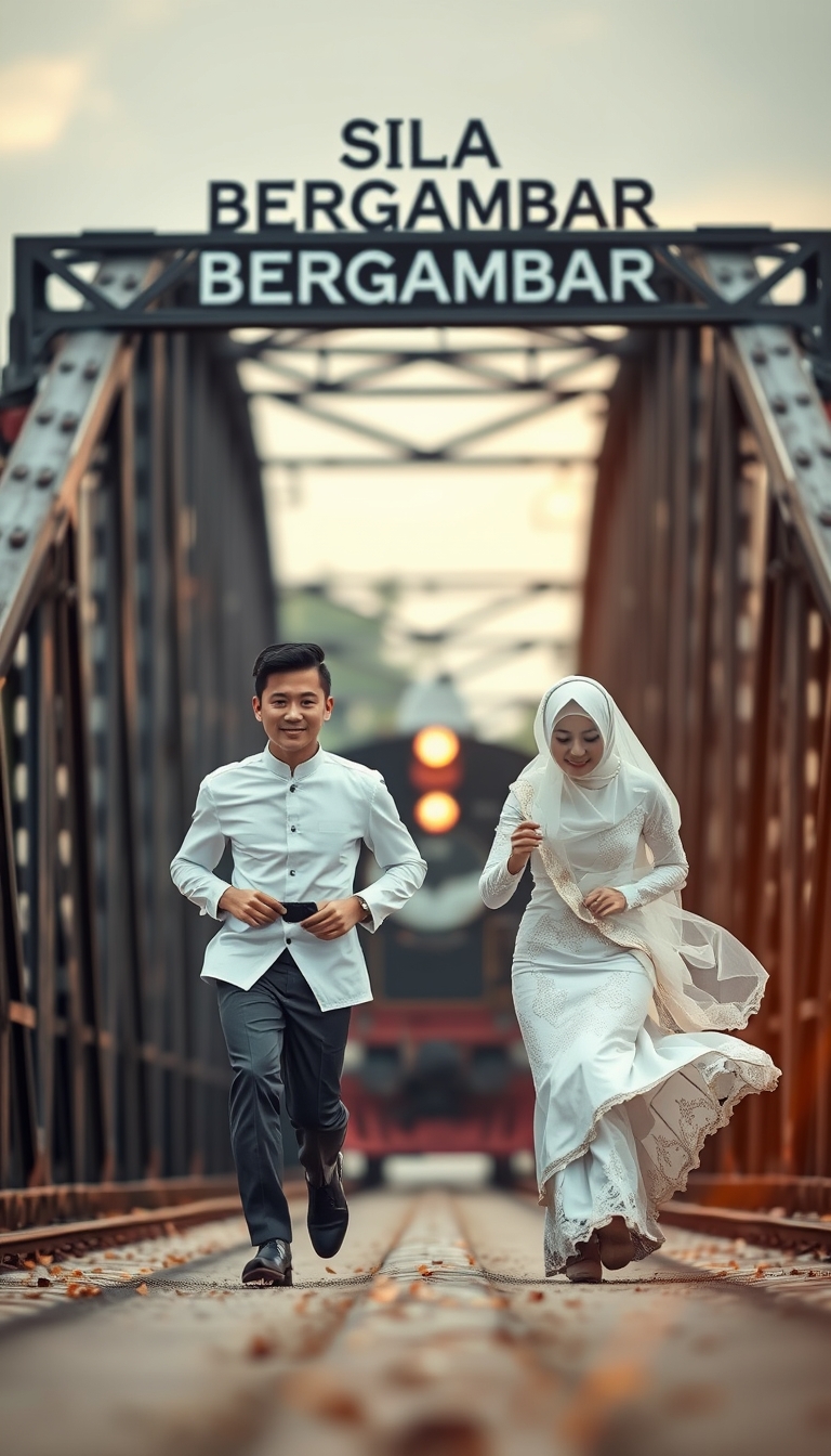 A captivating and surreal photograph of a couple adorned in traditional Malay white wedding attire. The bride dons a stunning "pengantin" outfit, while the groom stands tall and confident. They are seen racing towards a mysterious and ominous black metal bridge. The bridge symbolizes their passage into a new chapter of their lives together. The Malay text "SILA BERGAMBAR" hangs above them, adding an enigmatic touch. The dramatic scene is further intensified by a bokeh background and the TRAIN IS COMING. This image masterfully blends love, adventure, and suspense, creating a unique fusion of emotions. TRAIN ON BACKGROUND, GOLDEN HOUR. - Image