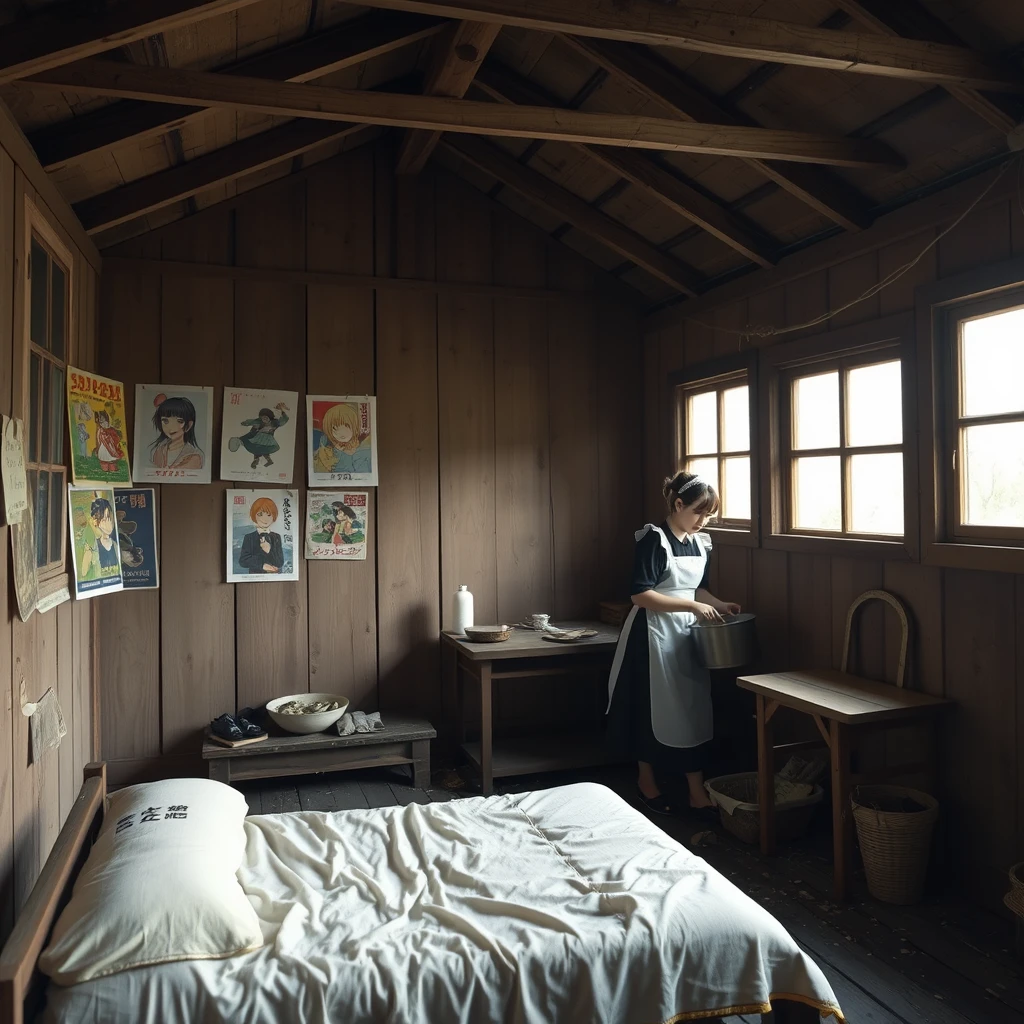 In a dilapidated wooden cabin, there is a bed, and one wall of the room has several posters on it. The cabin is very large, and a young Japanese woman in a maid outfit is cooking in the room. Note that the cabin has a window.