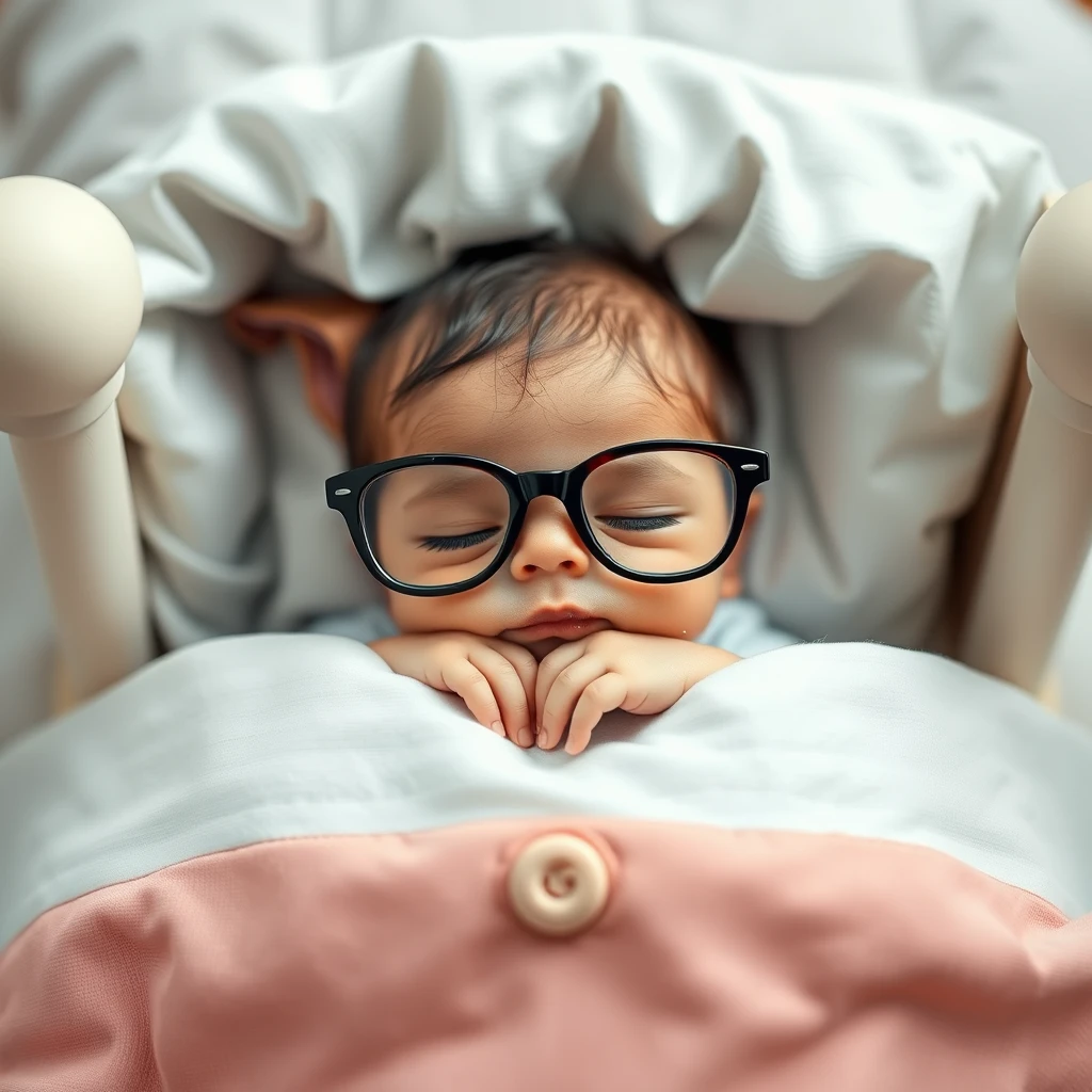 Sweet little bowtie with glasses sleeping in its little bed. - Image