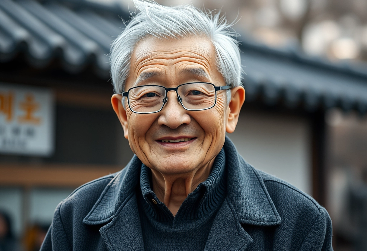 Korean grandfather, smiling, using AI chatbot - Image