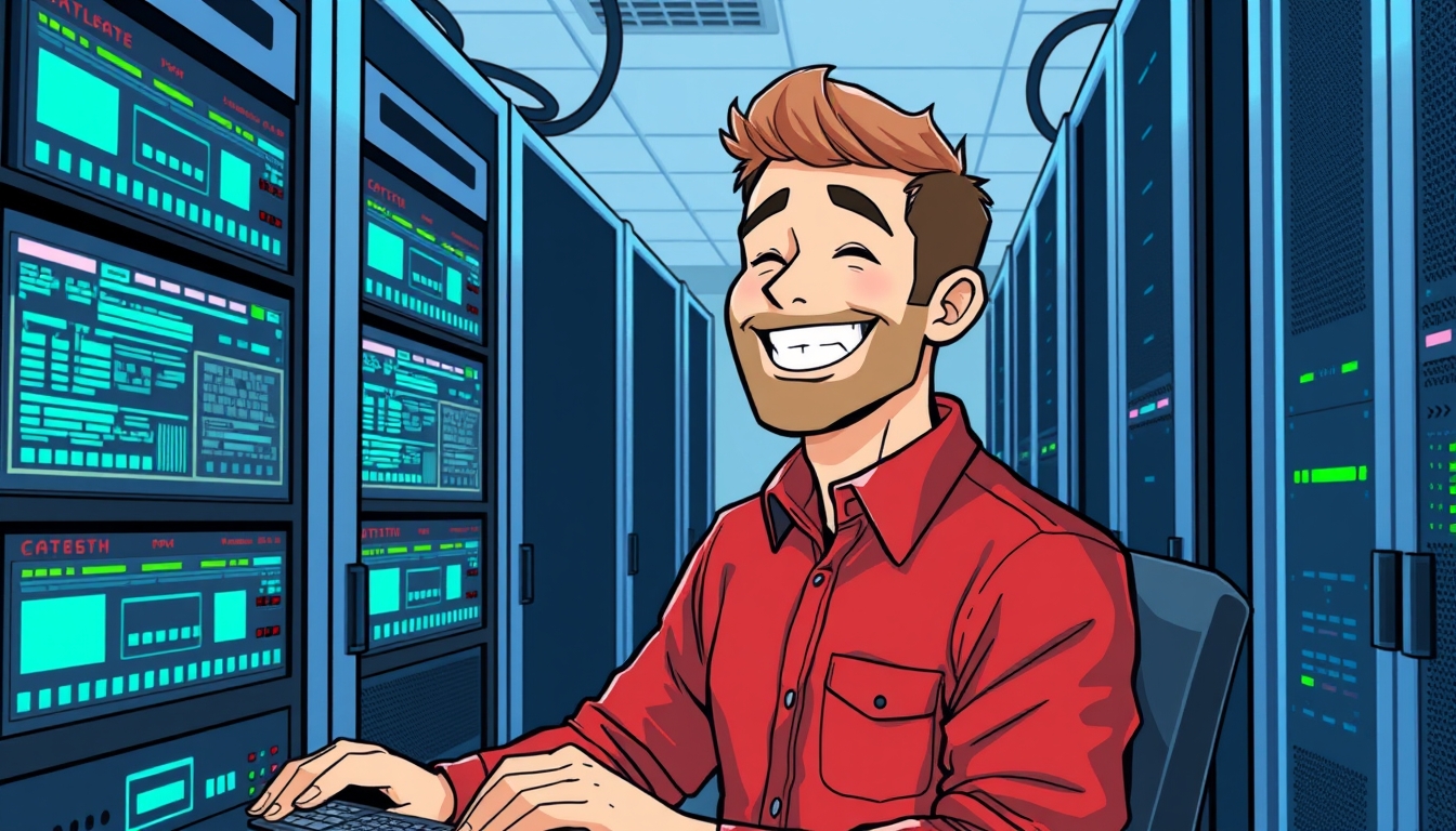 Joyful IT Professional: A High-Resolution Illustration of a Man Smiling Happily While Working in a Server Room, Engaged in System Updates, Firmware Installations, and Software Development. - Image