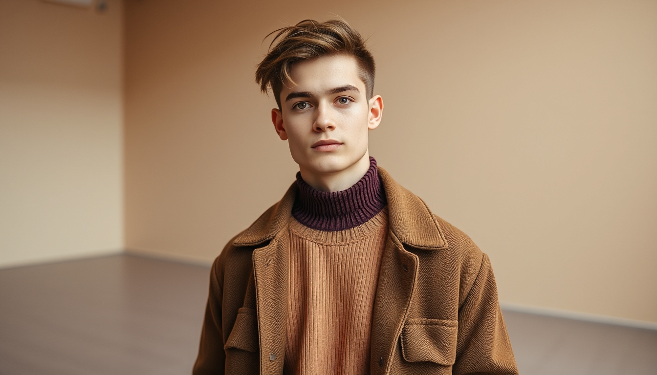 Photo portrait of a pretty young male with a smart look, wearing a trendy brown outfit and standing in an empty space, isolated on a colored background, 8k UHD, high detailed. - Image