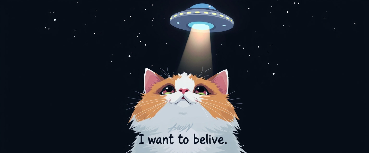 Digital illustration of a fluffy cat looking up, dark night sky background, UFO at the top with a beam coming down to the cat, text at the bottom that says "I want to believe." - Image