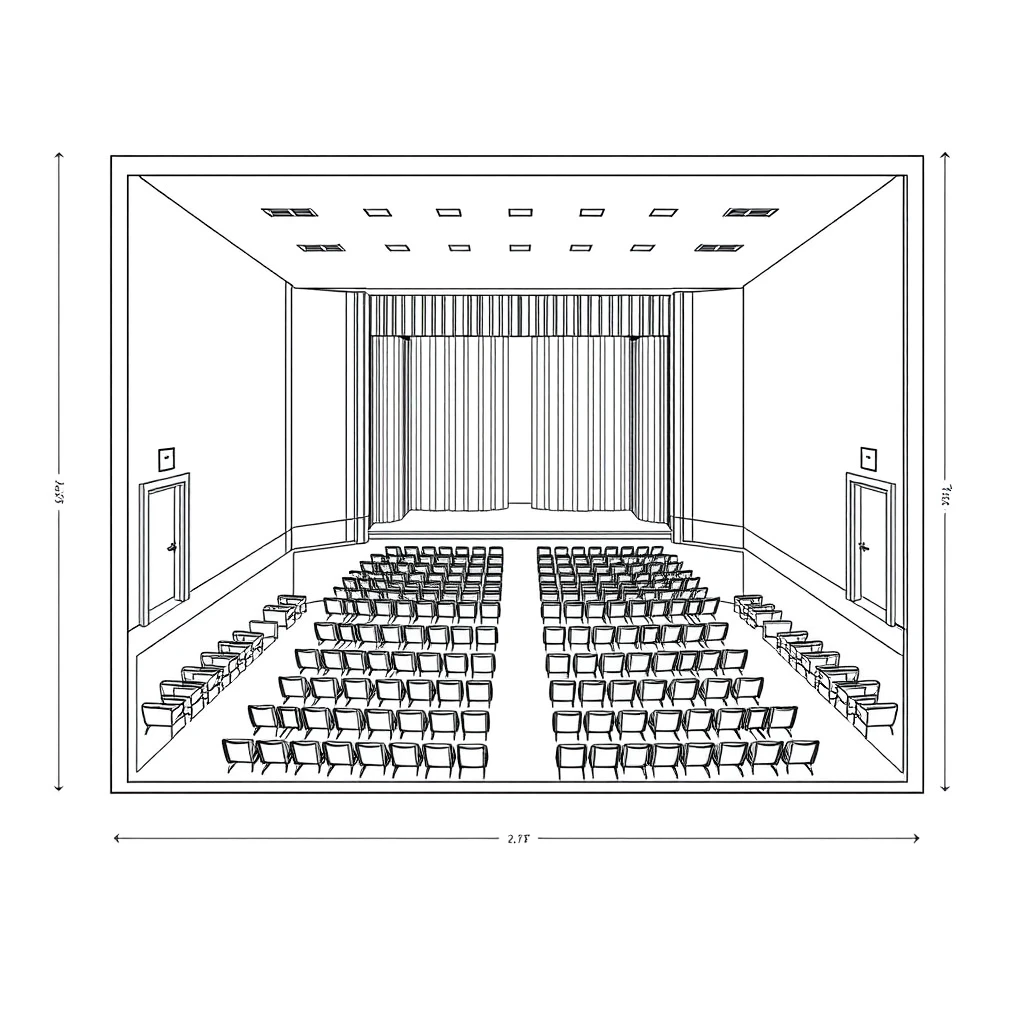 Technical drawing style. Plan view of a rectangular theater hall length 22.75 meters, width 10.10 meters, with 150 seats in rows of armchairs, with a stage 10.10 meters wide and 5 meters deep, with 3 exit doors on each side, insert in the plan view the dimensions of all the architectural measures. - Image