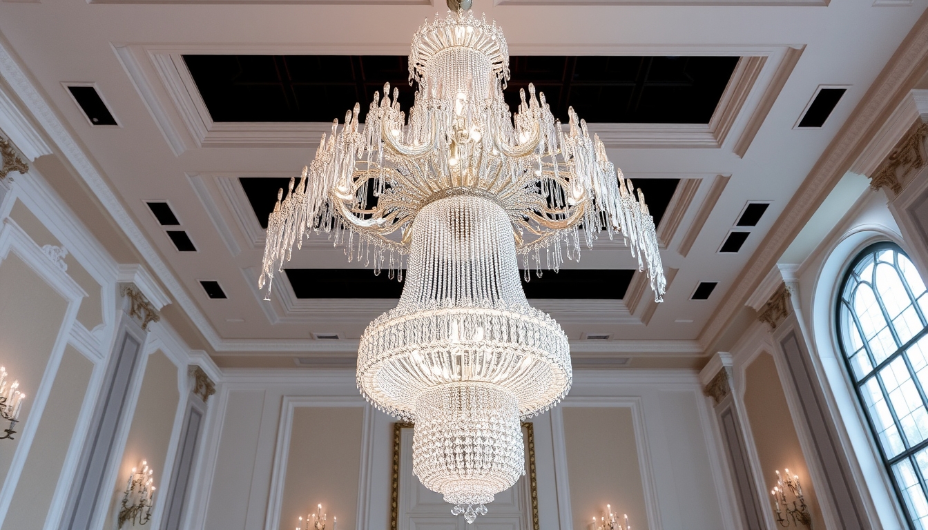 A stunning chandelier made of thousands of tiny glass crystals in a grand ballroom.