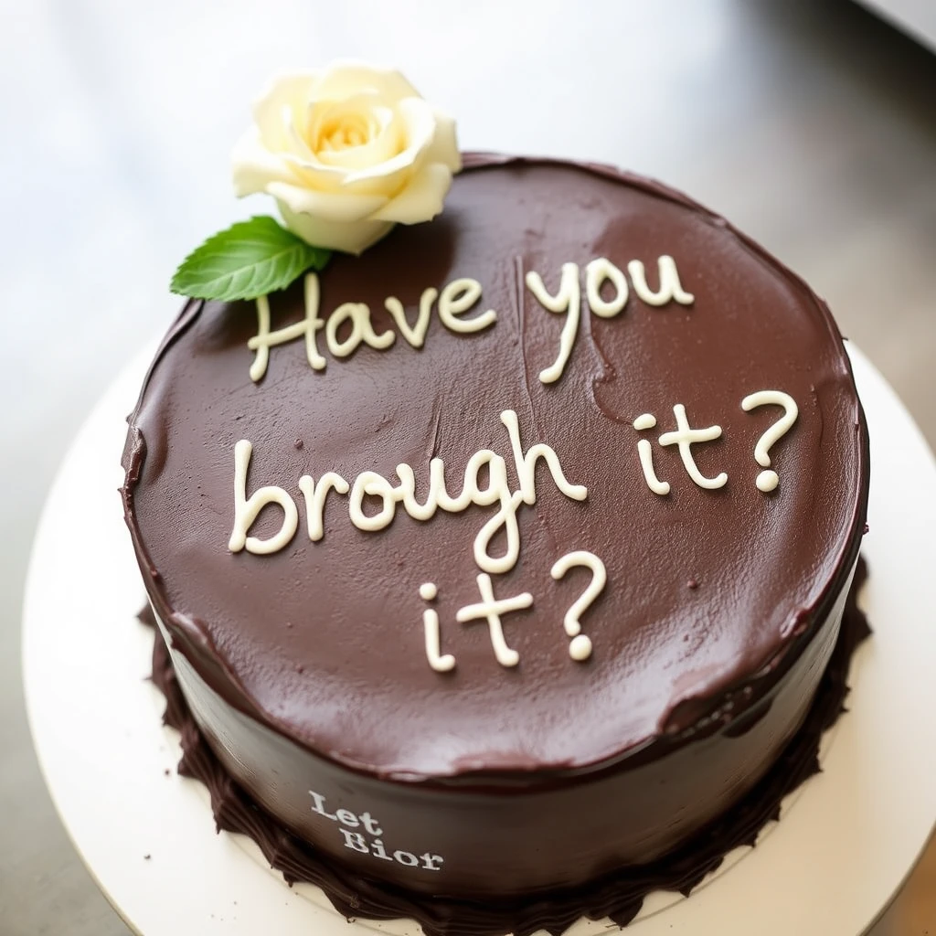 A chocolate cake with "Have you brought it?" written on top.