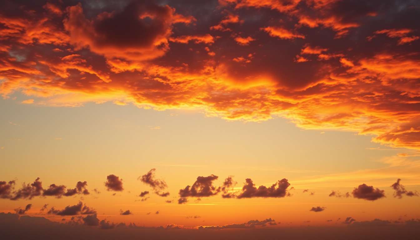 fiery sunset, clouds, high quality, photorealistic, evening sky, reflection, serene