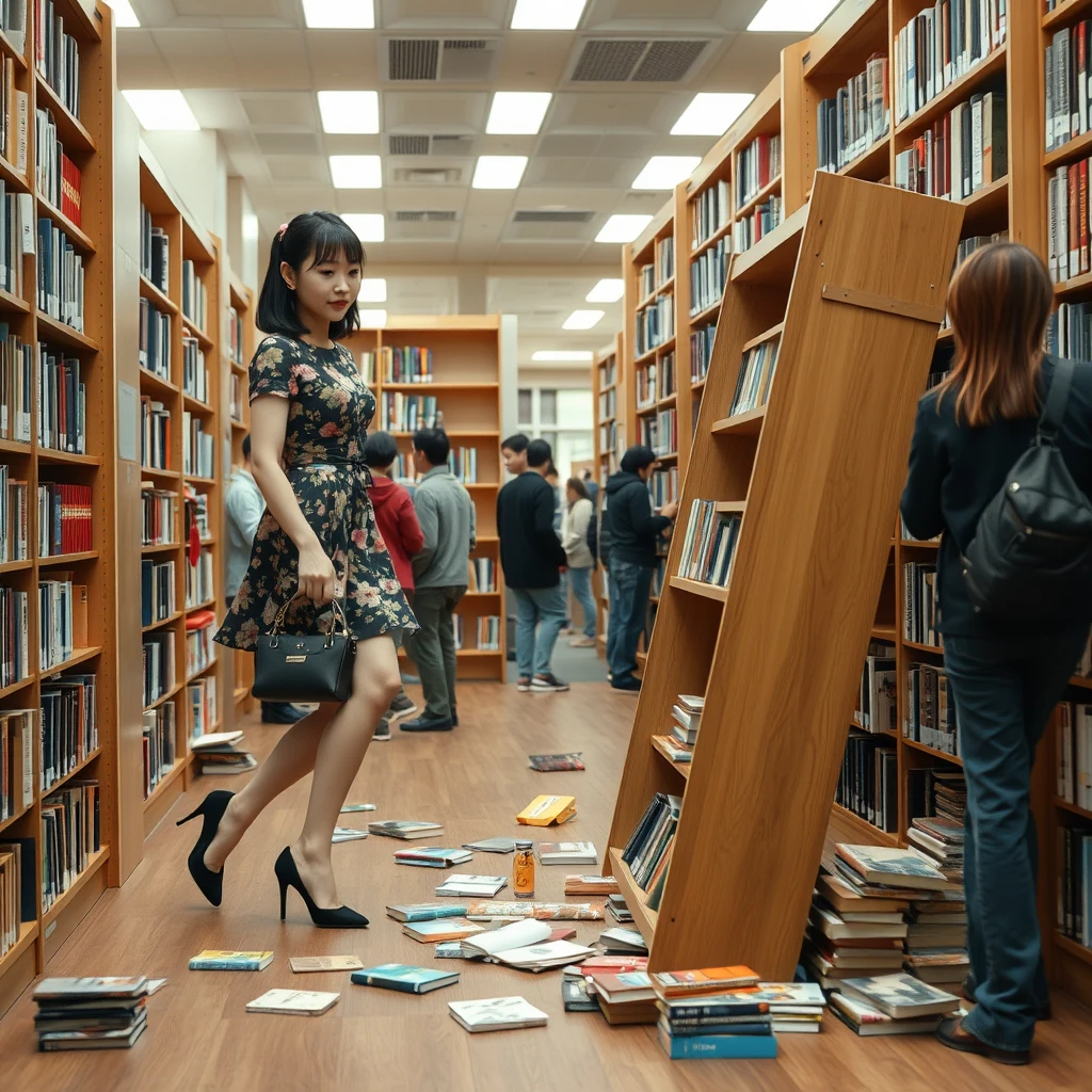 In the library, there is a young Japanese woman wearing a floral dress and black high heels (with white skin) who has knocked over a bookshelf. The bookshelf has fallen down, and books are scattered on the floor. There are many people in the library.