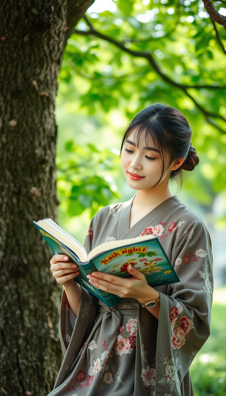 A beautiful Japanese woman is reading a book under a tree. - Image