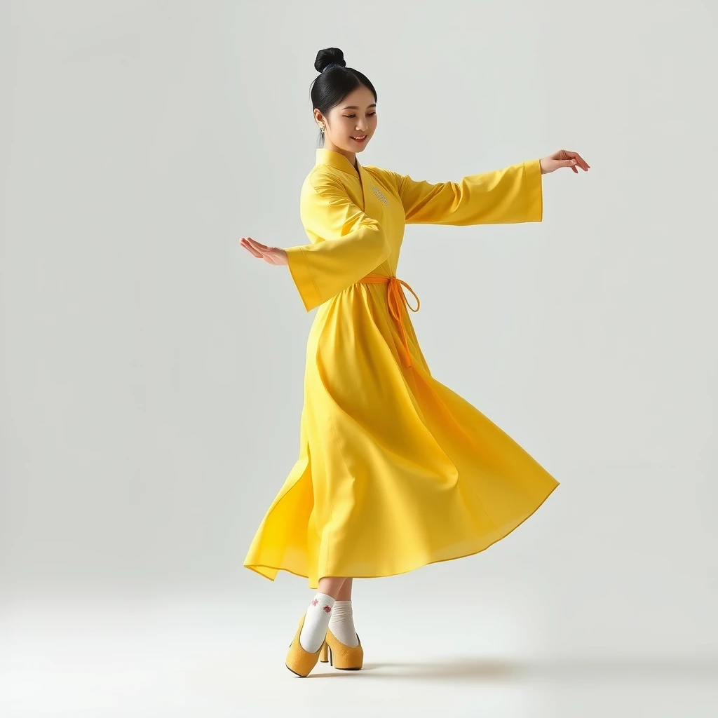 A single Korean woman dancing in a yellow traditional Korean costume. Dancing classically, daintily and nobly. FULL SHOT, yellow traditional shoes, neatly tied black hair. Full body is visible, feet in white flowered socks, nimble movements. - Image