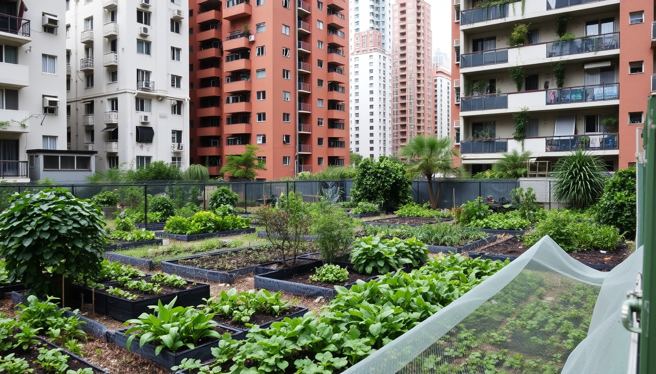 Urban farm or community garden amidst high-rise buildings, showcasing urban agriculture. - Image