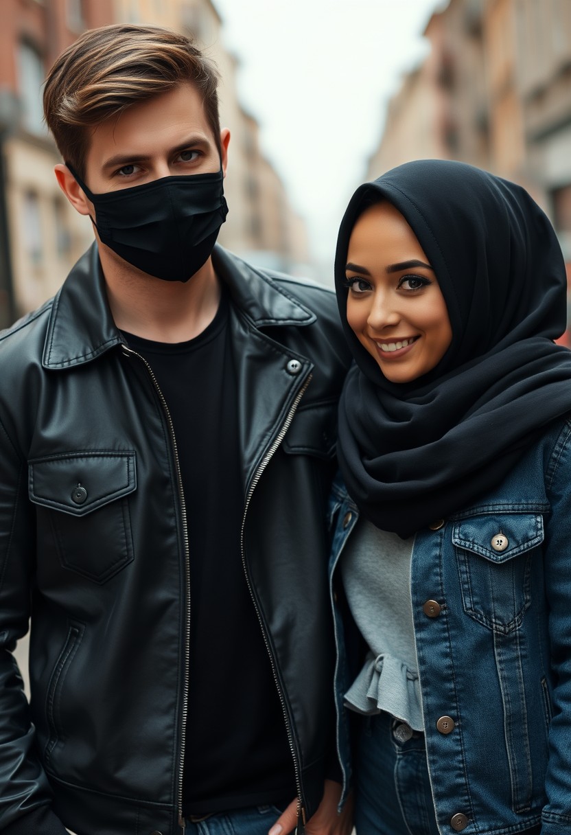 Jamie Dornan, handsome, black face mask, black leather jacket, jeans, dating, love couple with a beautiful hijab-wearing Muslim girl, beautiful eyes, black face mask, denim jacket, gloomy scenery, realistic, street photography. - Image