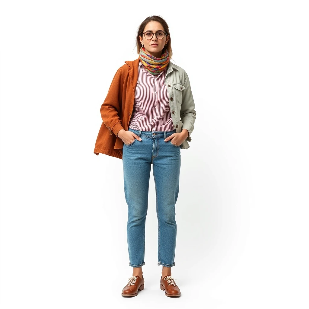 A professional and advertising trends fashion photo. Full body of an Israeli woman wearing second-hand clothes. On a white background.