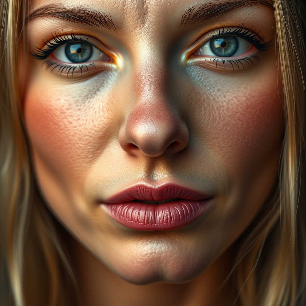 Hyper-realistic close-up portrait photography of a woman's face, emphasizing the natural texture of her skin with clearly visible pores, soft and even lighting that highlights the skin's texture without harsh shadows, ultra-high definition to ensure every detail is sharp and clear, natural color palette with slightly enhanced contrast to emphasize the skin texture, Canon EOS R5, 85mm portrait lens, shallow depth of field to keep full attention on the woman's face and its intricate details.