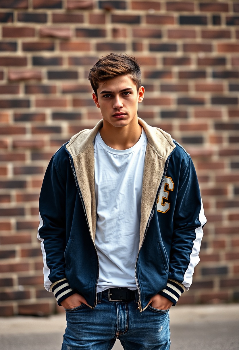 Freddie Prinze head and body shot, handsome, young, serious face, white T-shirt, college jacket, jeans, sneakers, hyper-realistic, street photography, brick wall, full body photography.