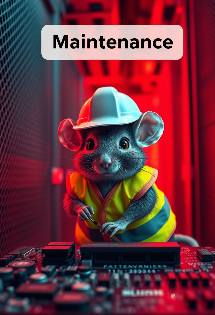 A small mouse with a hard hat and high visibility vest is repairing a circuit board; the mouse has a serious look in his eyes. The background shows a server room with only red emergency lighting, creating a red ambient light. (Text sign at the top of the image saying "Maintenance": 1.5) - Image