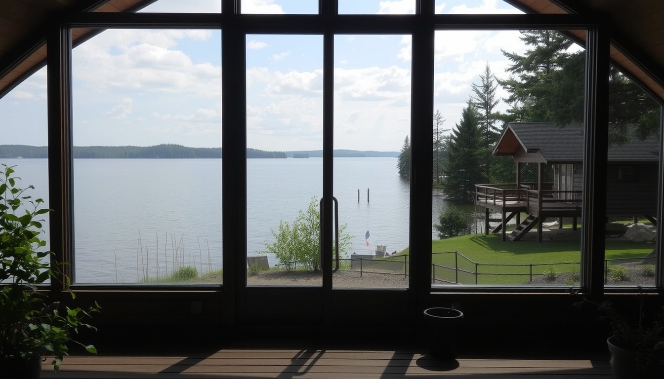 A serene lakeside cabin with a glass front, offering an unobstructed view of the water. - Image