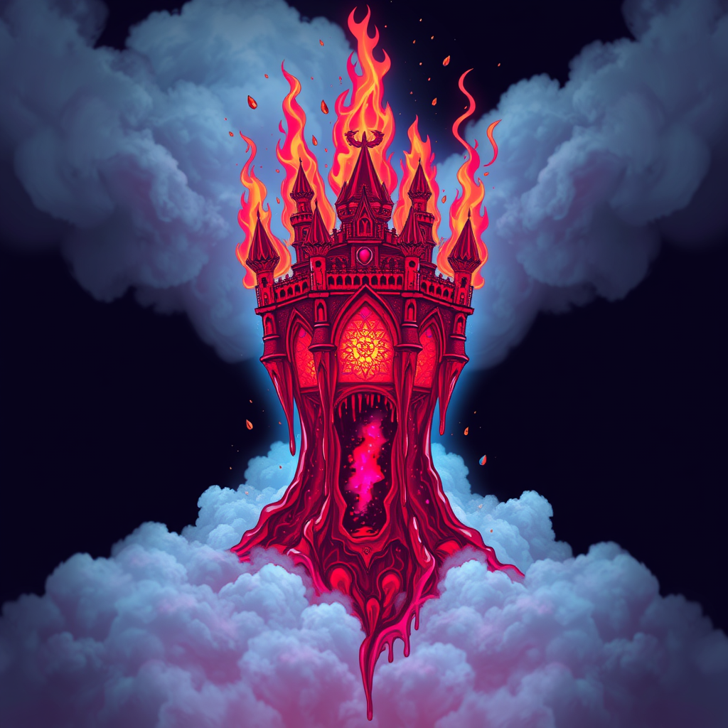 A tee shirt design of a beautiful ruby red kingdom in the clouds on fire with beautiful liquid red ruby dripping with flames. The kingdom has subtle rainbow light embers burning inside. Inside of the kingdom should be reminiscent of beautiful galaxies perfectly blended with chaos. Striking and otherworldly on a transparent background, the flames should have an outline of a beautiful blue ethereal glow.