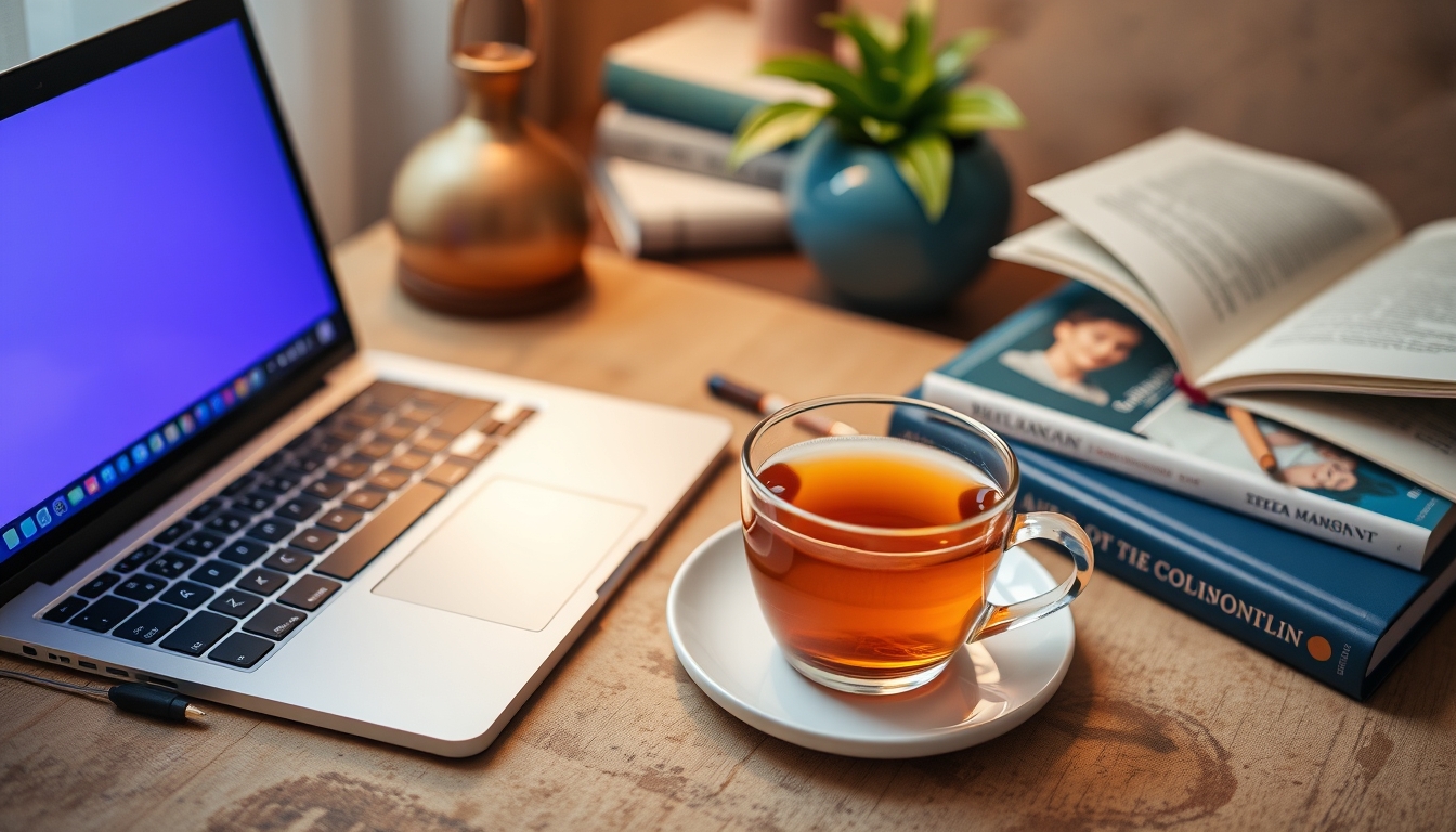 A cozy home study setup with a laptop, textbooks, and a cup of tea, emphasizing the comfort and flexibility of online education.