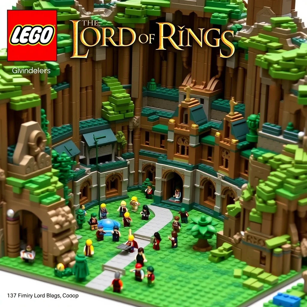 "LEGO Lord of the Rings Rivendell product image  
Over 100,000 blocks  
More than 20 figures"